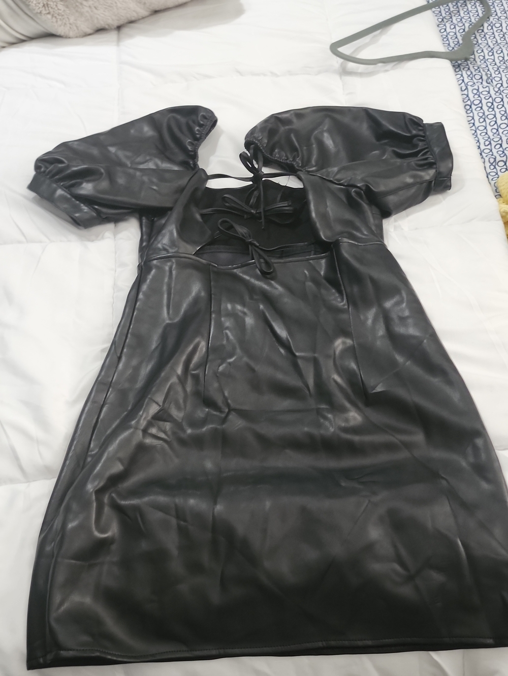 H&M Black Faux Leather Puff-Sleeve Tie-Front Mini Dress